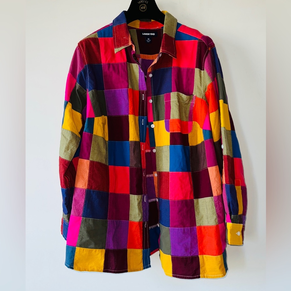 Lands'end Colorful Patchwork Button Down Shirt 10… - image 1